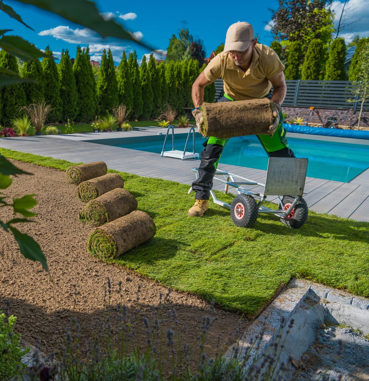 Landscaping Worker Installing Fresh Lawn Made From Natural Grass